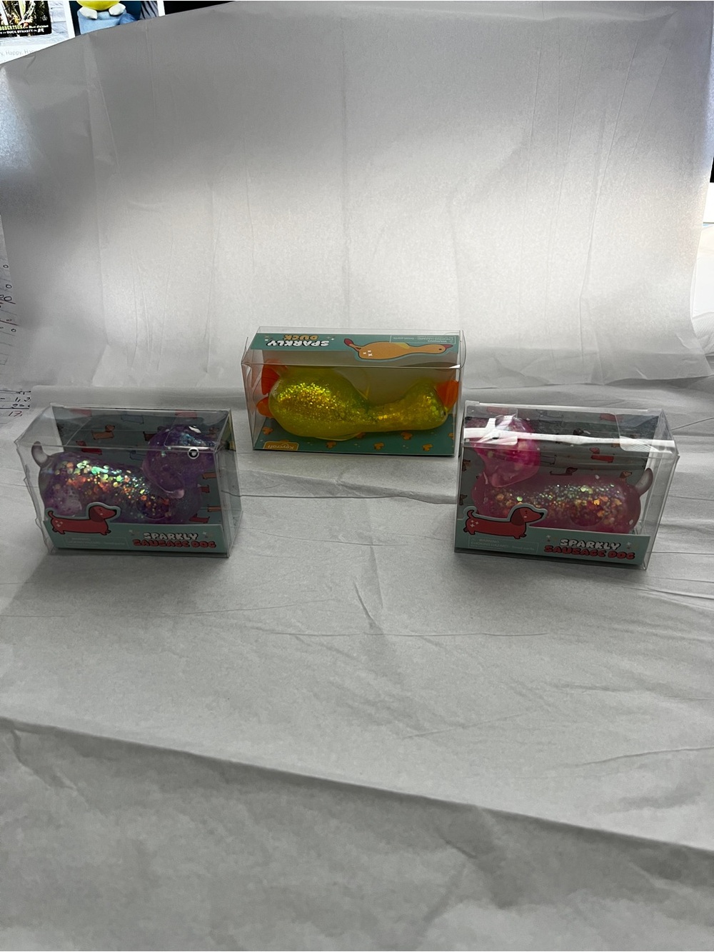 Lot 3 Squishy Toy Dachshund Sparkly Sausage Dog Pink Purple Yellow Duck Age 3+